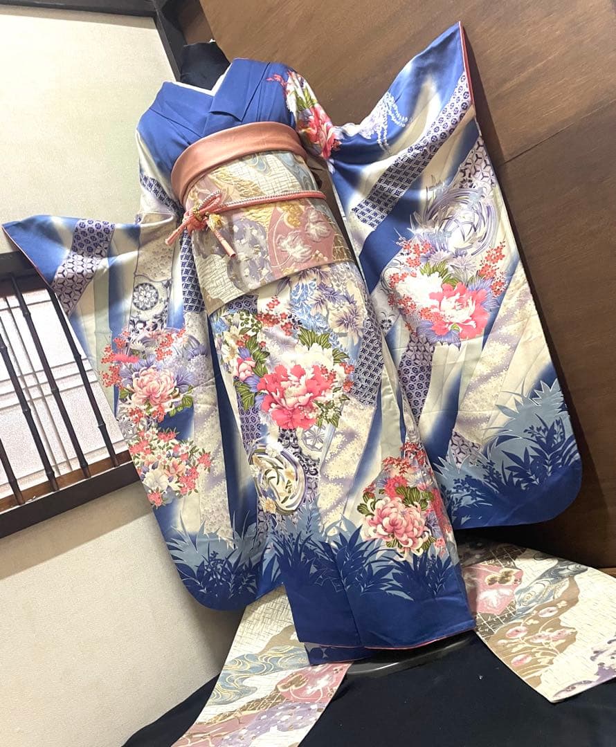 振袖フルセット6点サイズM〜Ｌ花丸文　暈し染め　銀彩　正絹