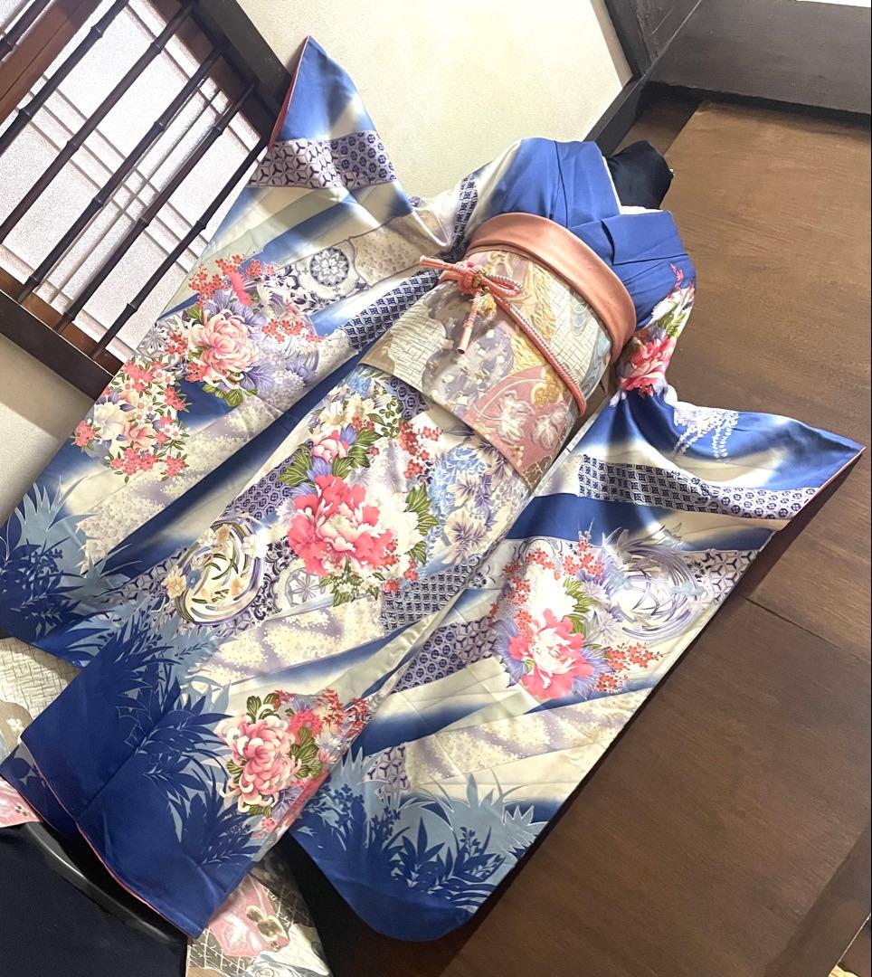 振袖フルセット6点サイズM〜Ｌ花丸文　暈し染め　銀彩　正絹