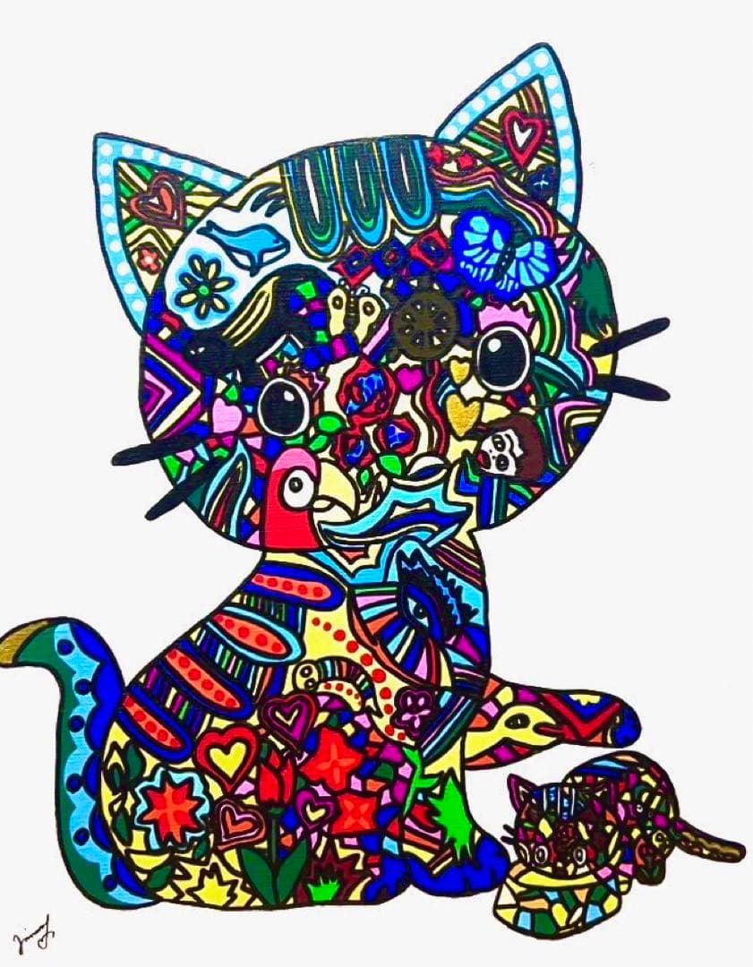 【F6号】ジミー大西（ネコ）手描き/表裏サイン有り/油彩/アクリル/額縁/絵画