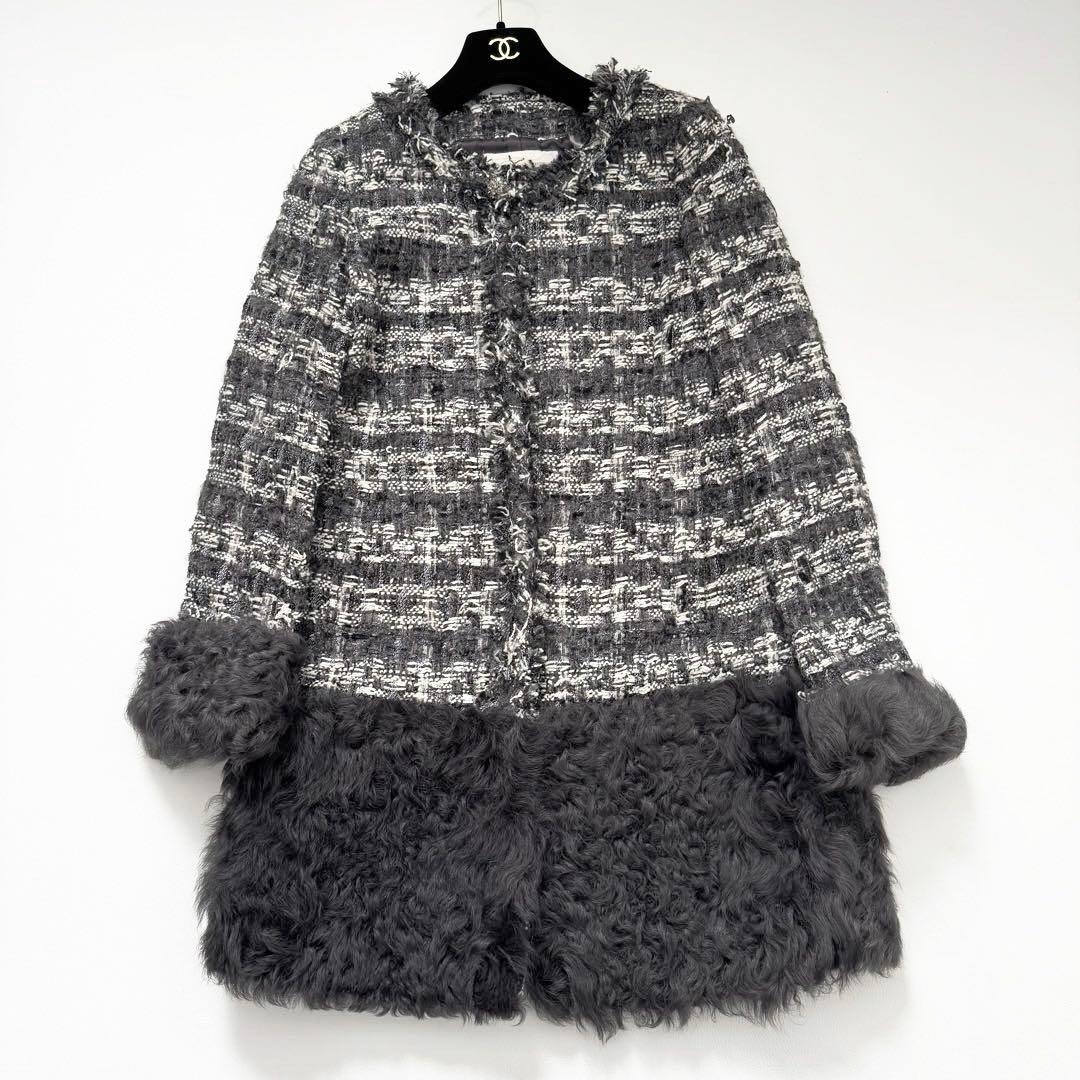 グレースコンチネンタル グレースクラス ファー切替ツイードコート ビジューボタン