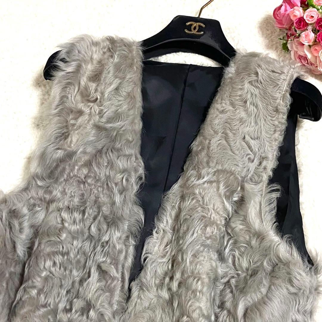 毛皮 ラム リアルファー ロングベスト グレー Lサイズ相当