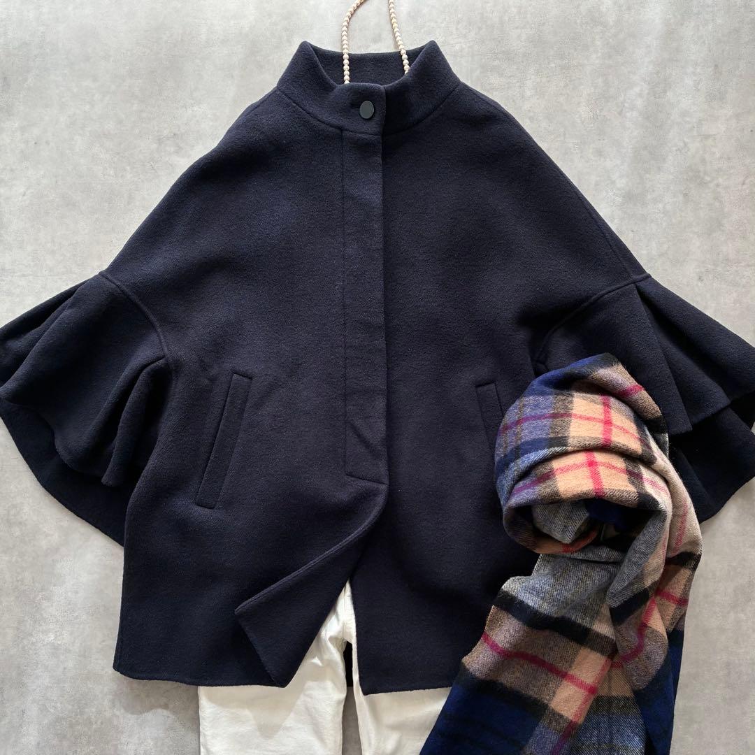 アナイ ゆったり ウール ナイロン リバー ケープ コート フリル袖 ネイビー