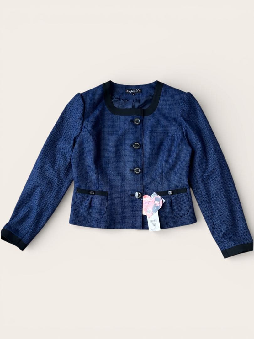 新品タグ付★ en joie ノーカラージャケット 81730 ネイビー　11号