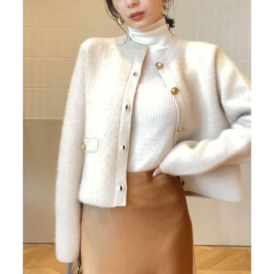 anuans ラクーンブレンドノーカラーニットジャケット カーディガン ウール