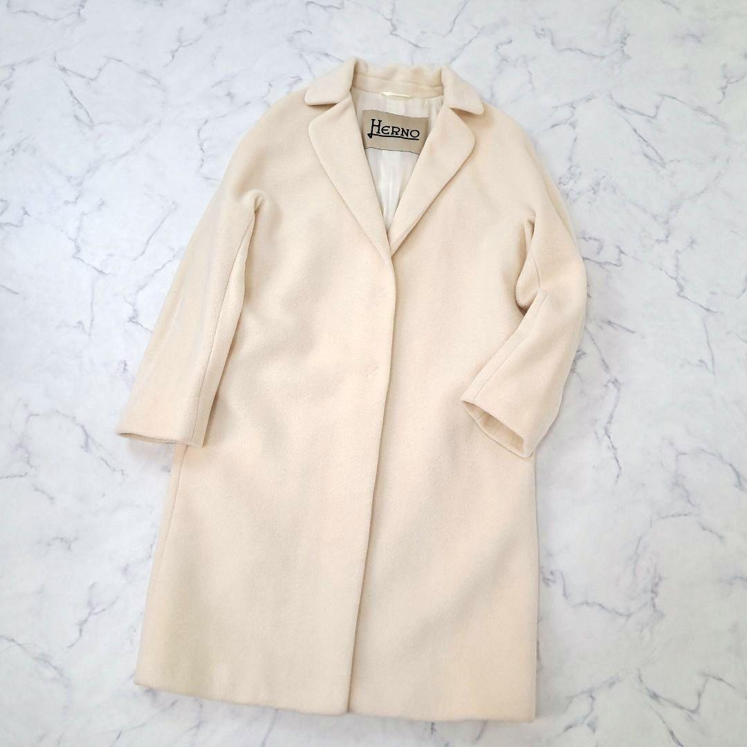 美品 ヘルノ HERNO ウールアンゴラ素材 ロングコート ロゴプレート 40