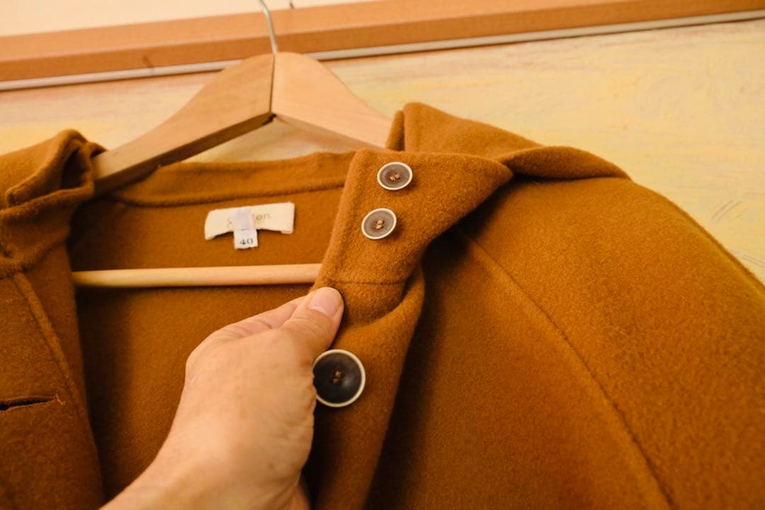 Genten フード付きキャメルチェスターコート