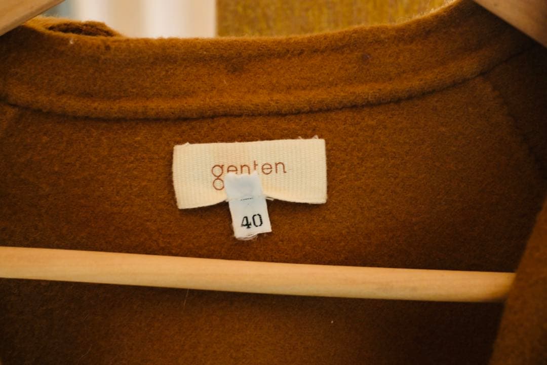 Genten フード付きキャメルチェスターコート