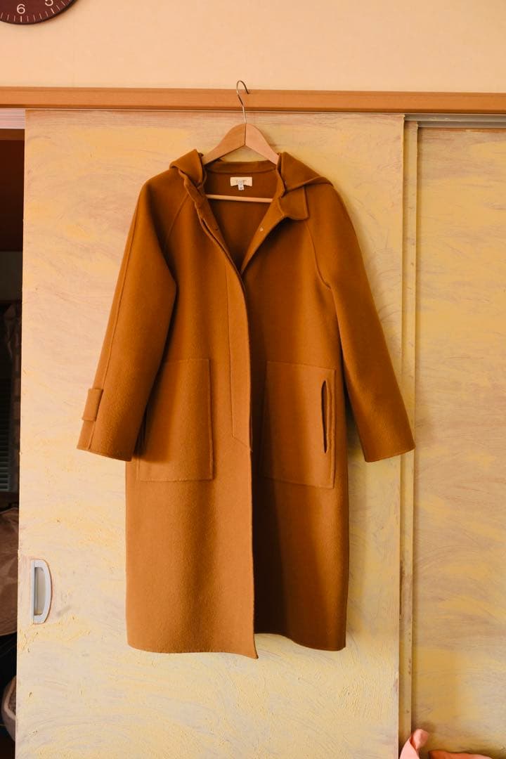 Genten フード付きキャメルチェスターコート