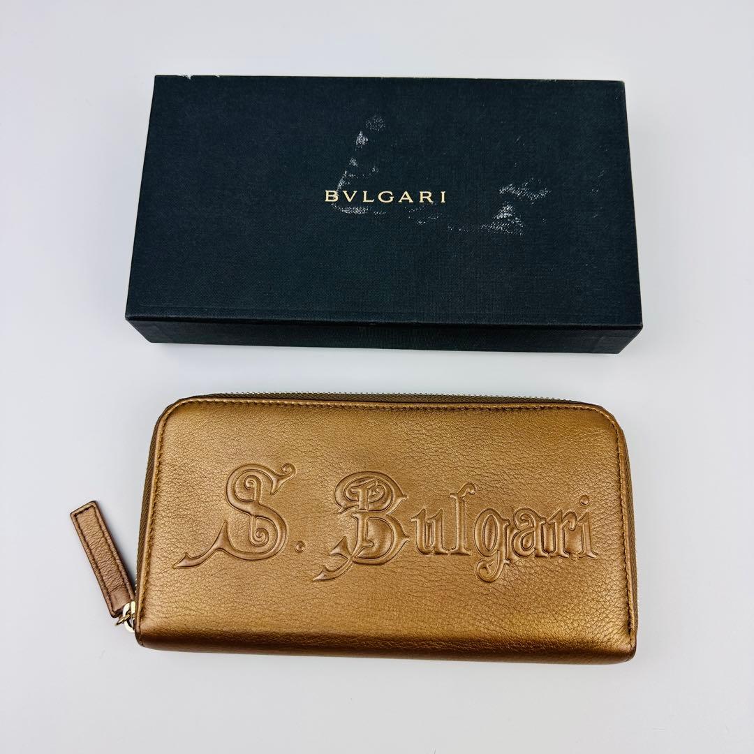 美品　希少　ブルガリ　ゴールド レザー 長財布　ロゴ　小物　ラウンド