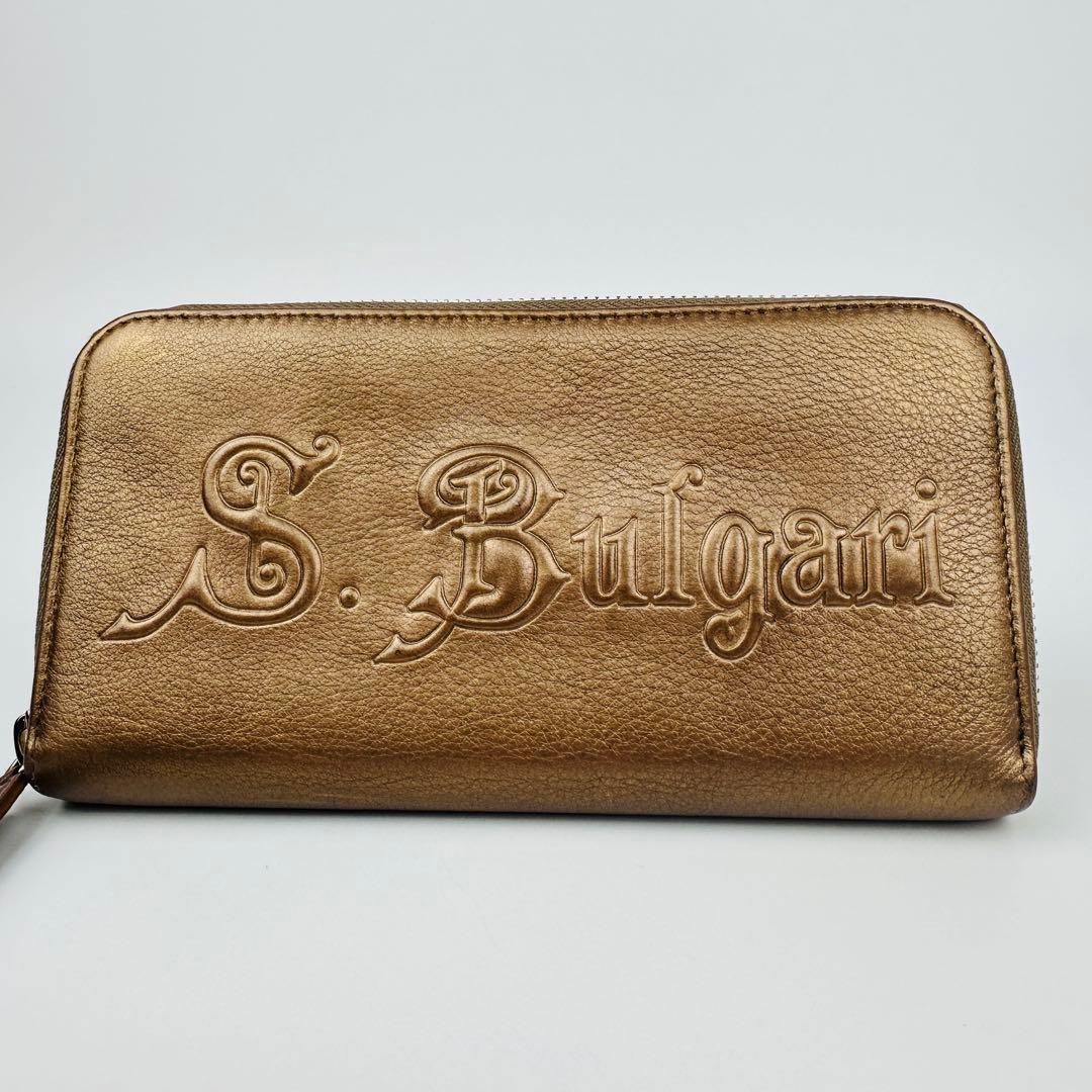 美品　希少　ブルガリ　ゴールド レザー 長財布　ロゴ　小物　ラウンド
