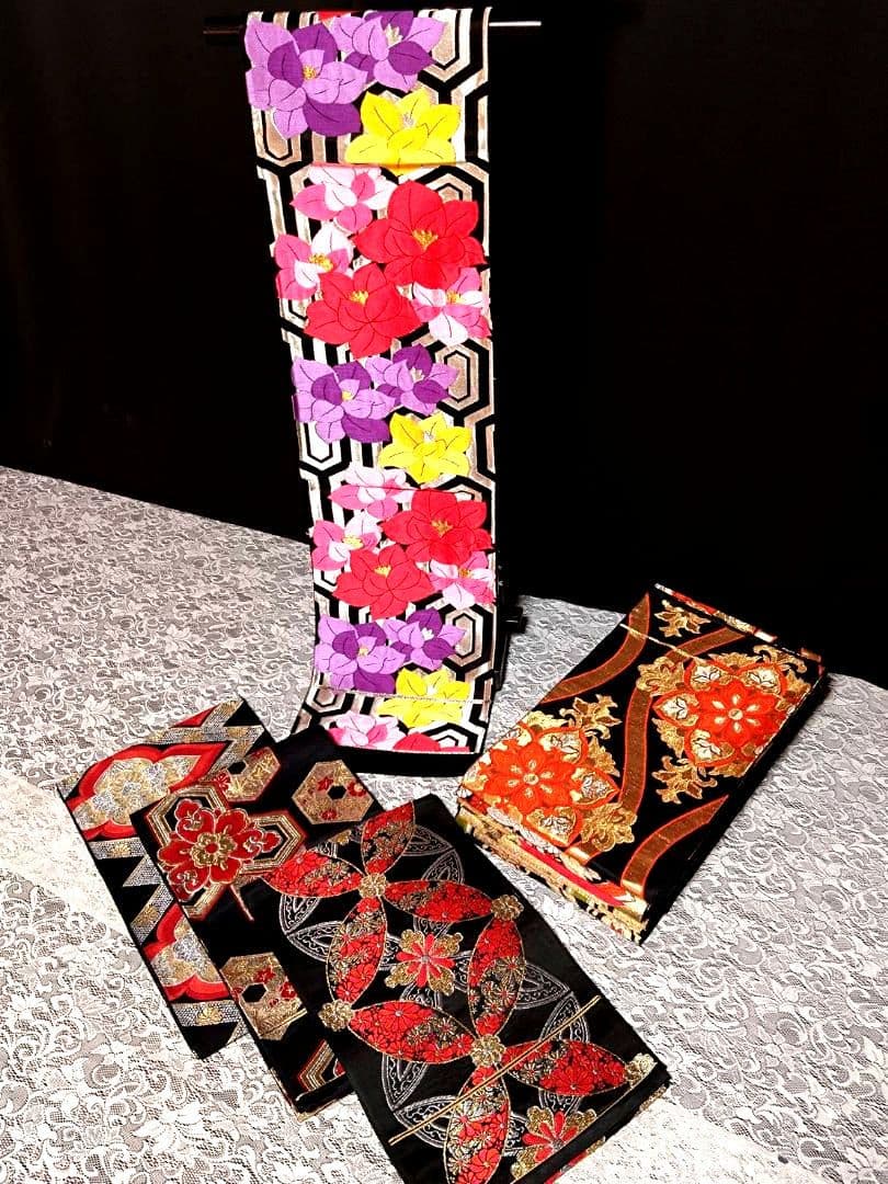 B233■豪華刺繍黒地正絹袋帯10本まとめ売り■着物/振袖/リメイク/バッグ■