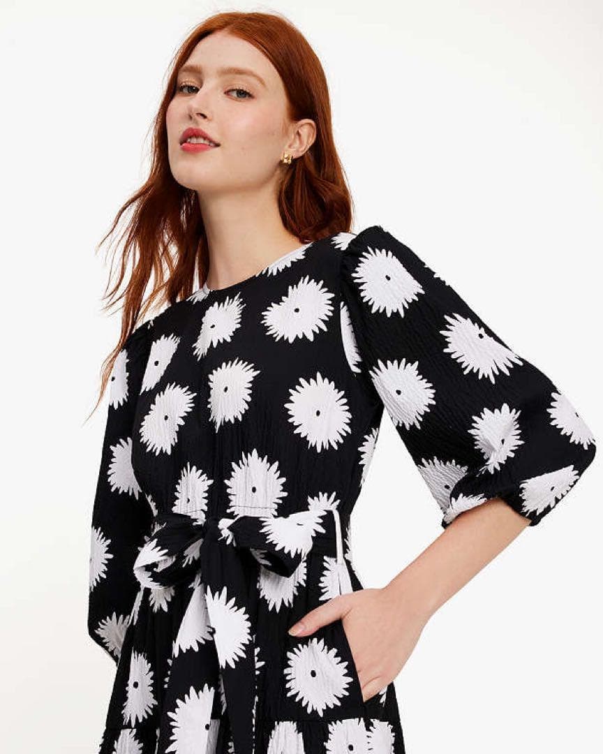 ケイトスペードニューヨーク コットン ベルテッドロングドレス S 黒白