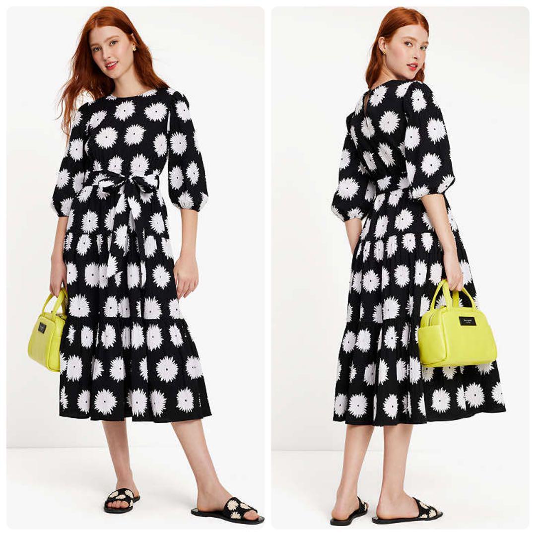 ケイトスペードニューヨーク コットン ベルテッドロングドレス S 黒白