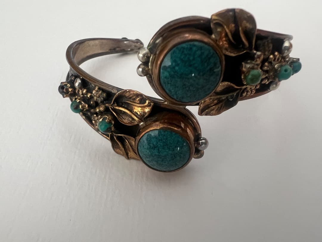 本物トルコ石×ヴィンテージ風シルバー925バングル