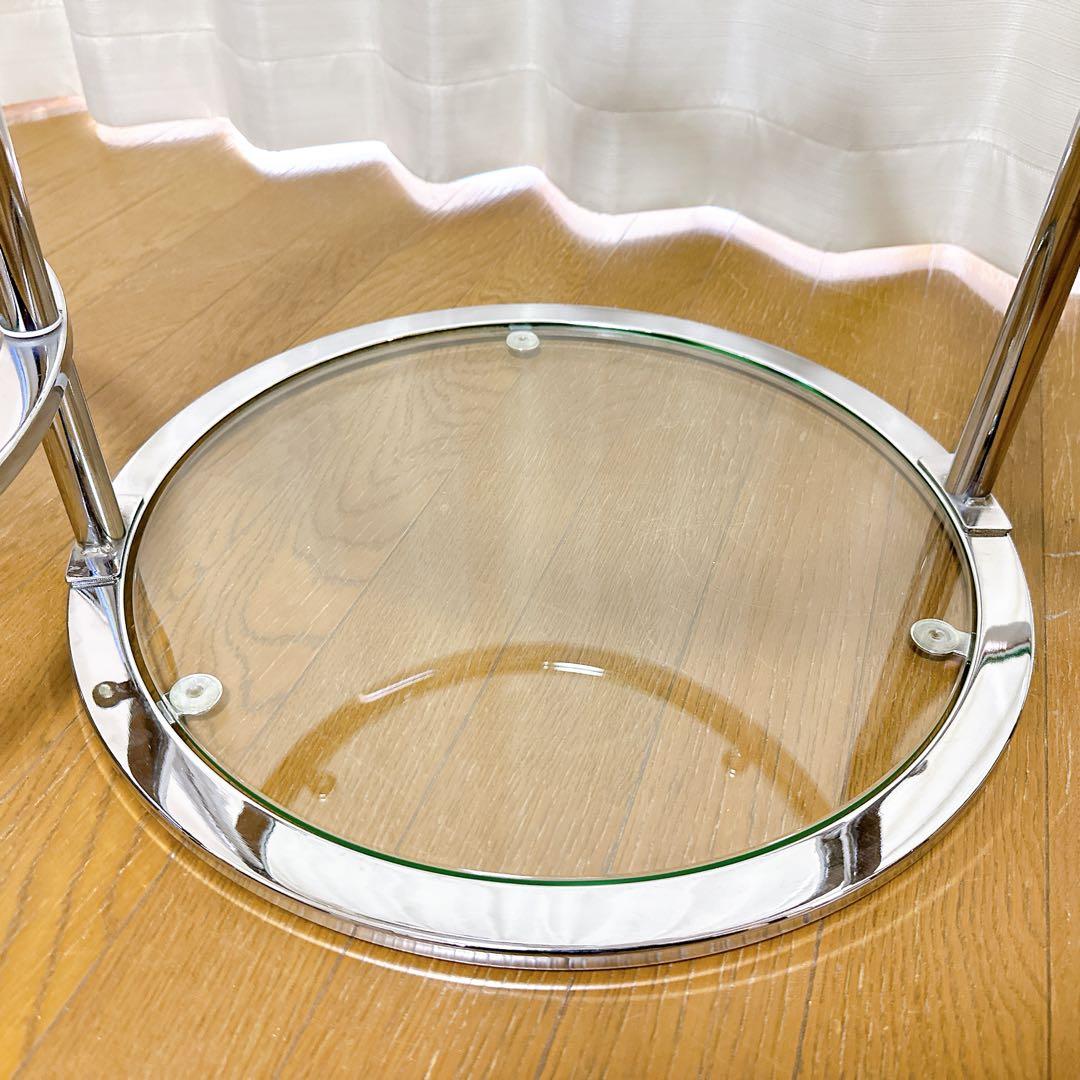 ミッドセンチュリー ラウンドテーブル 可変式 4段 強化ガラス