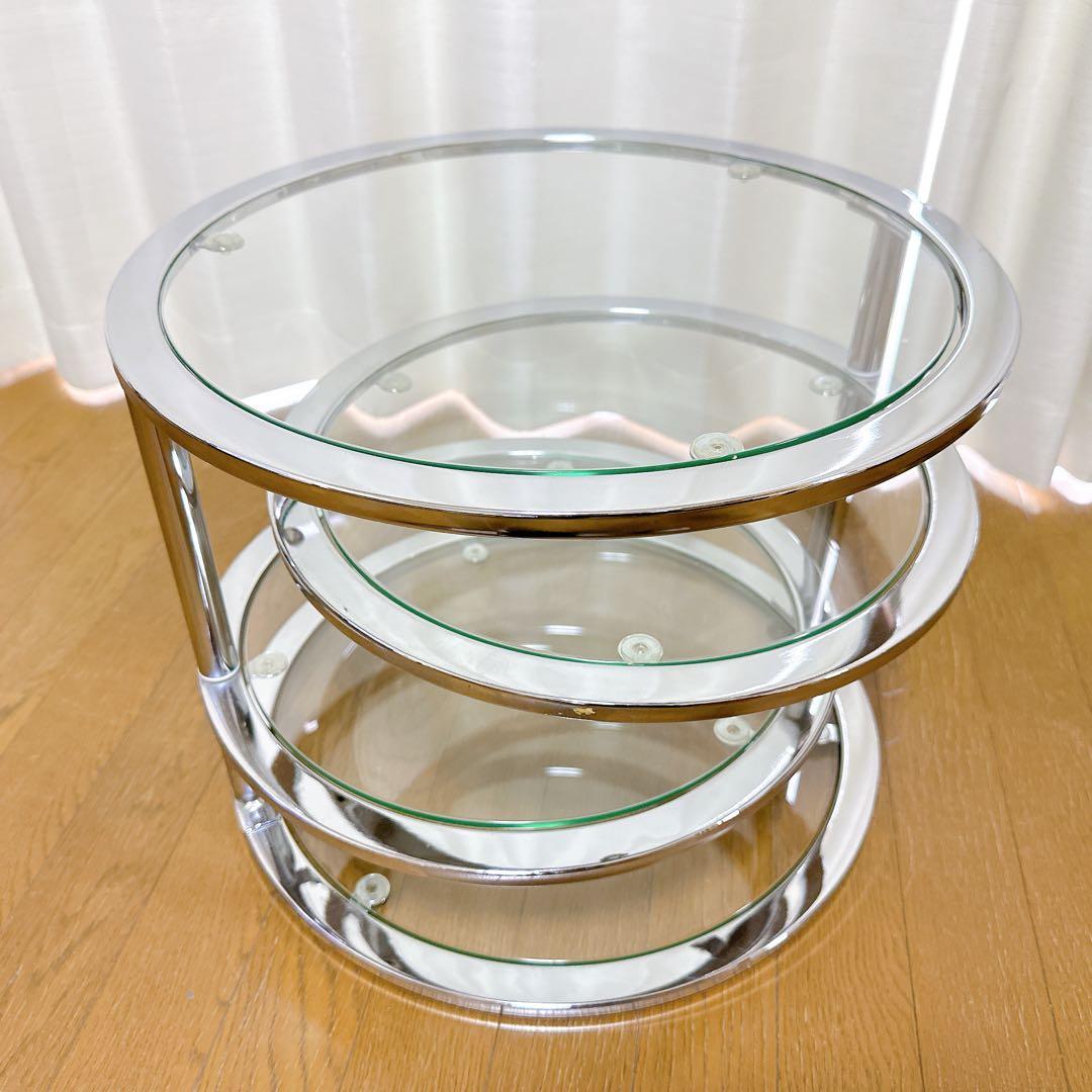 ミッドセンチュリー ラウンドテーブル 可変式 4段 強化ガラス