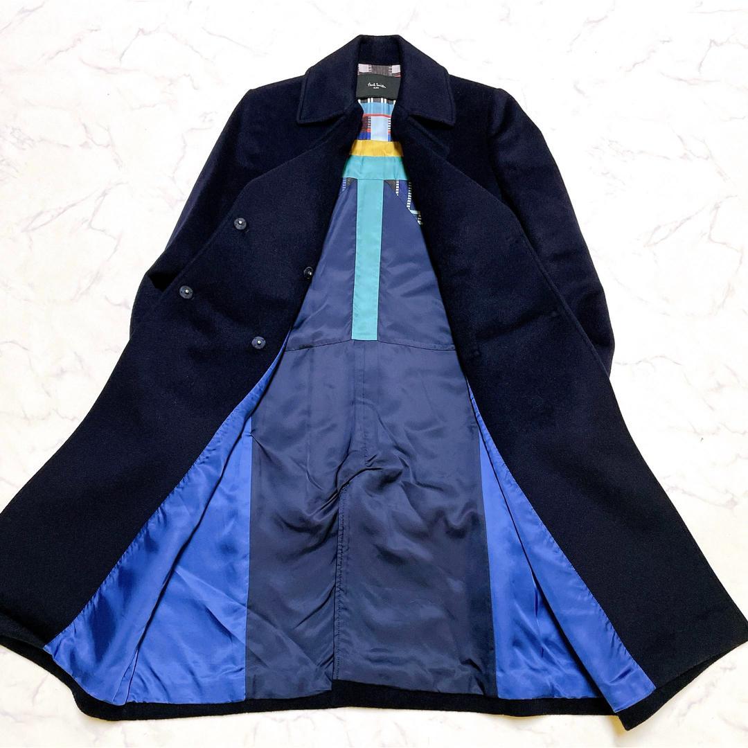 極美品 ポールスミスブラック ウールカシミヤダブルボタンロングコート 40 L