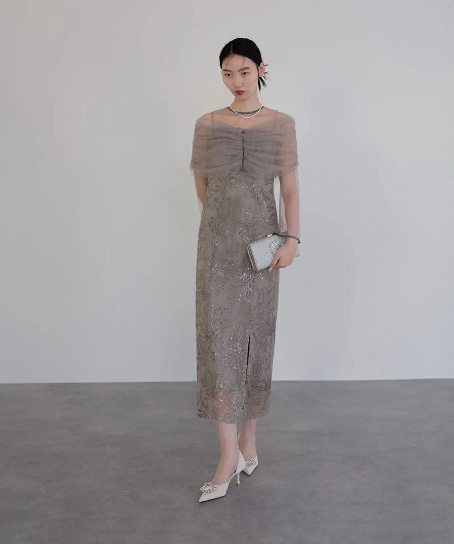 チュールオフショルダー花柄Iラインワンピースドレス結婚式二次会パーティー成人式