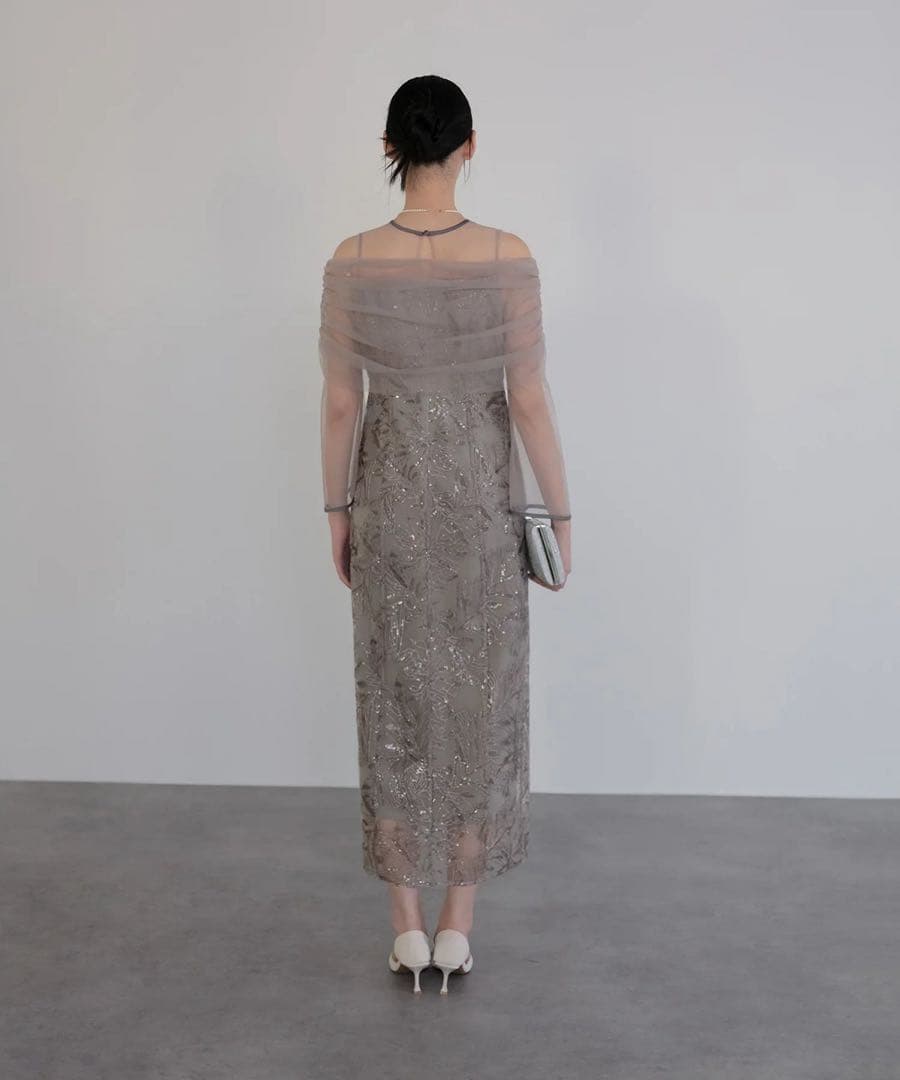 チュールオフショルダー花柄Iラインワンピースドレス結婚式二次会パーティー成人式