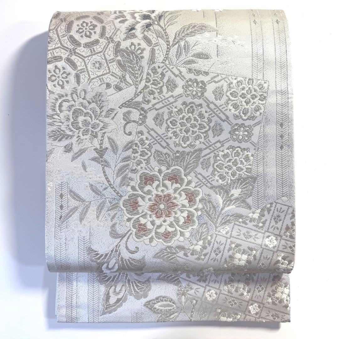 5k2480 袋帯　絹　唐織　正倉院文様　華文　白　銀色　ピンク　青　花柄　和装
