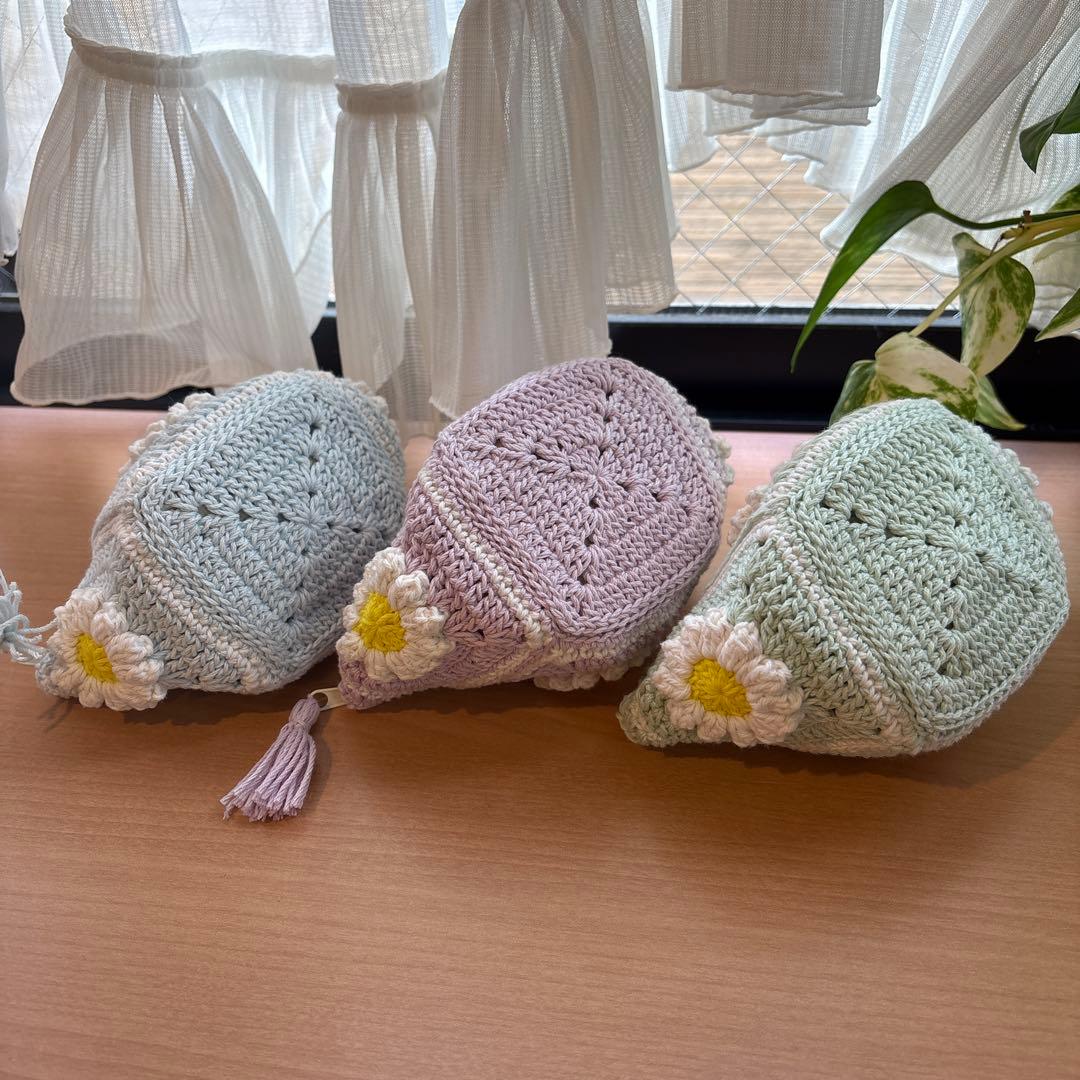 ハンドメイド　かぎ編みファスナーポーチ　ポケットティッシュケース　モチーフ編み