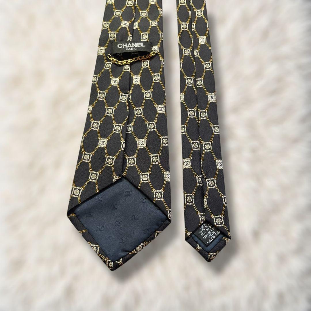 【未使用級✨】シャネル 花柄 ココマーク 黒白黄 金チェーン メンズ ネクタイ