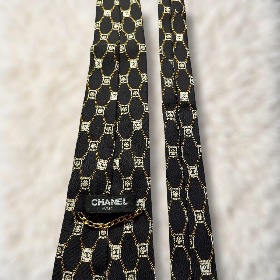 【未使用級✨】シャネル 花柄 ココマーク 黒白黄 金チェーン メンズ ネクタイ