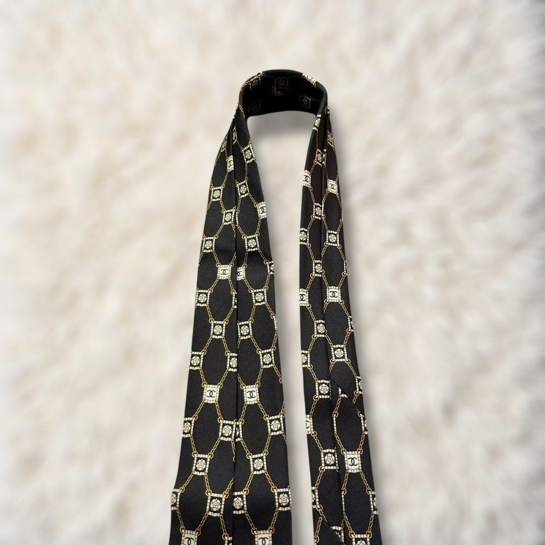 【未使用級✨】シャネル 花柄 ココマーク 黒白黄 金チェーン メンズ ネクタイ