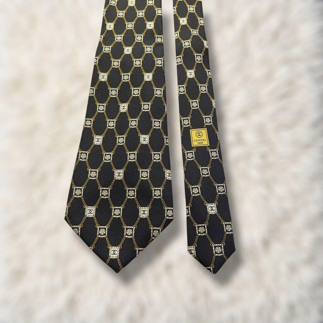 【未使用級✨】シャネル 花柄 ココマーク 黒白黄 金チェーン メンズ ネクタイ