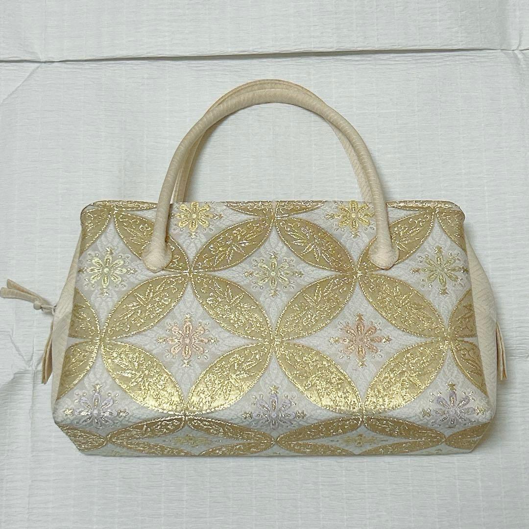 利休バッグ　七宝　正絹　金糸　アイボリー　クリーム系　美品