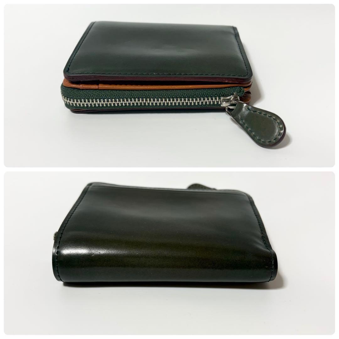美品　ガンゾ　コードバン　Lファスナー　二つ折り財布　コンパクト　ミニ　グリーン