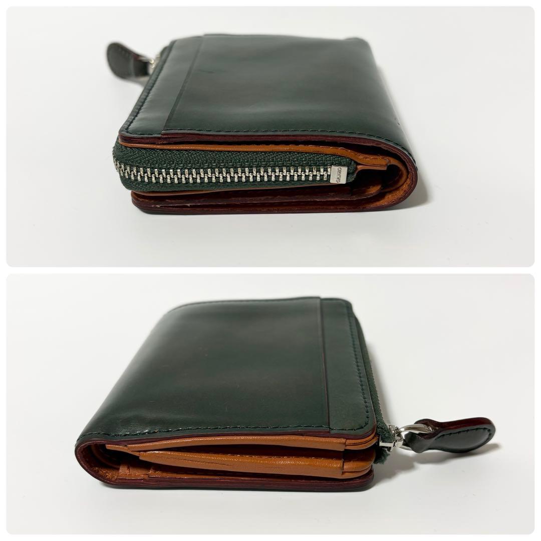 美品　ガンゾ　コードバン　Lファスナー　二つ折り財布　コンパクト　ミニ　グリーン