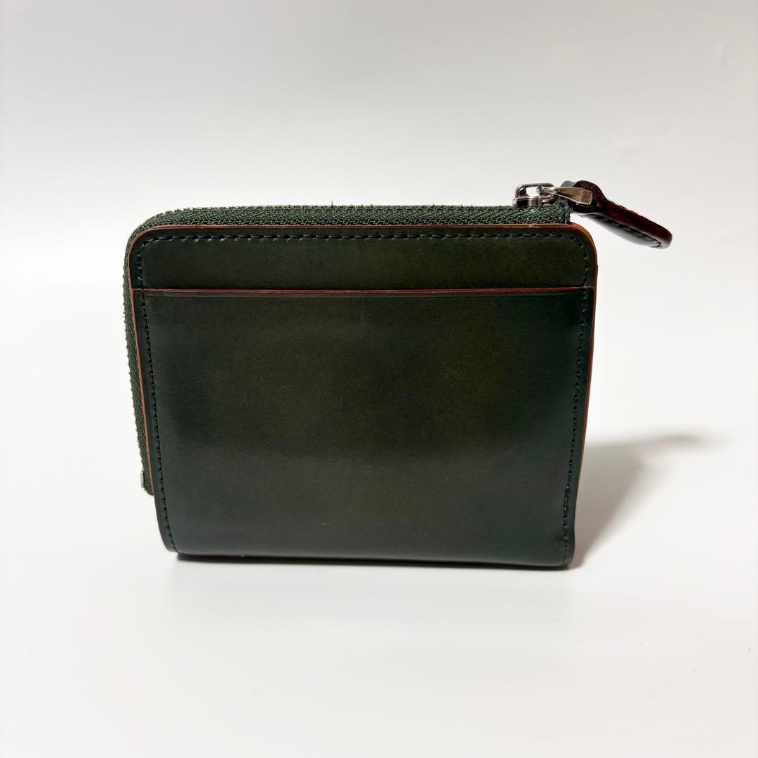 美品　ガンゾ　コードバン　Lファスナー　二つ折り財布　コンパクト　ミニ　グリーン