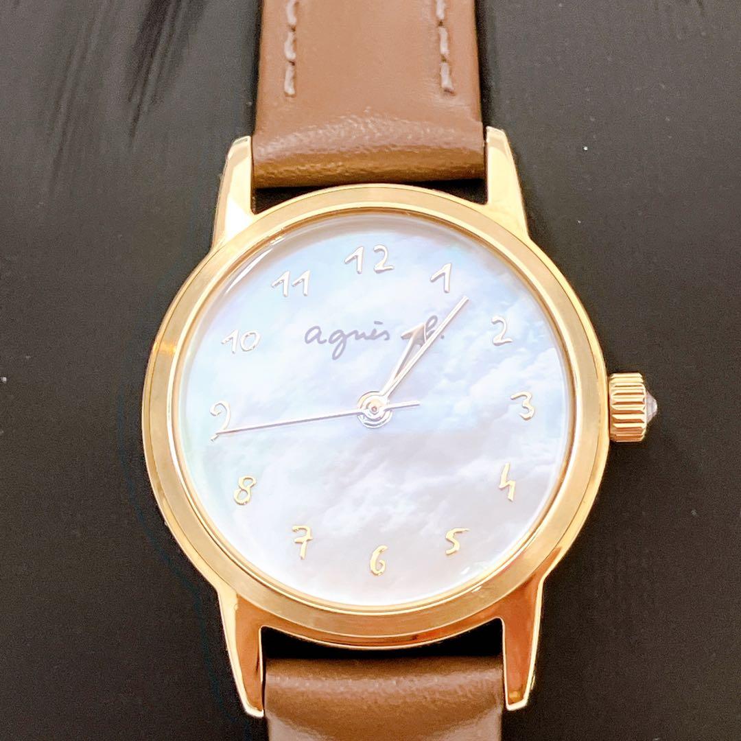 アニエスベー マルチェロ　ソーラー腕時計 シェル文字盤　白蝶貝レザーベルト