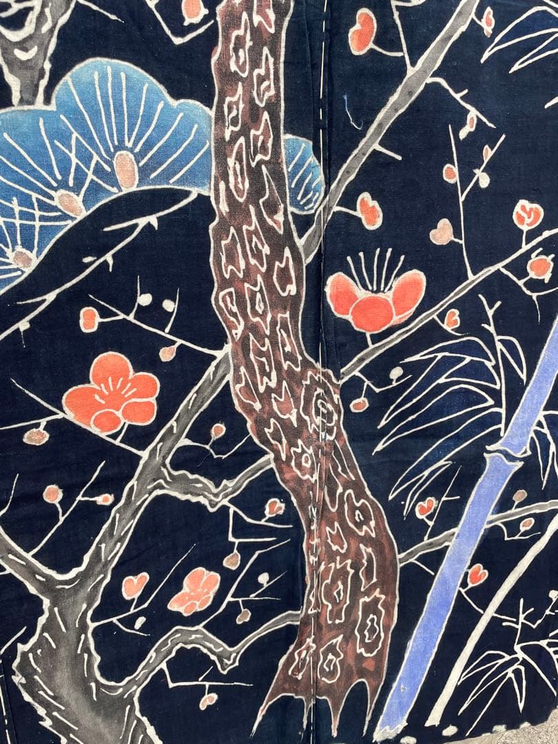 未使用:米沢 藍染 本藍 【遠藤きよ子】筒がき 大判タペストリー 壁掛け 松竹梅