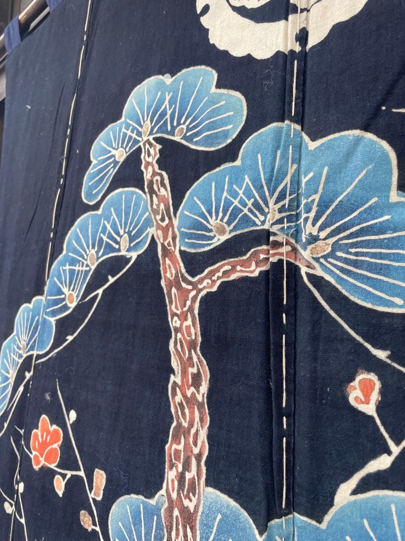 未使用:米沢 藍染 本藍 【遠藤きよ子】筒がき 大判タペストリー 壁掛け 松竹梅