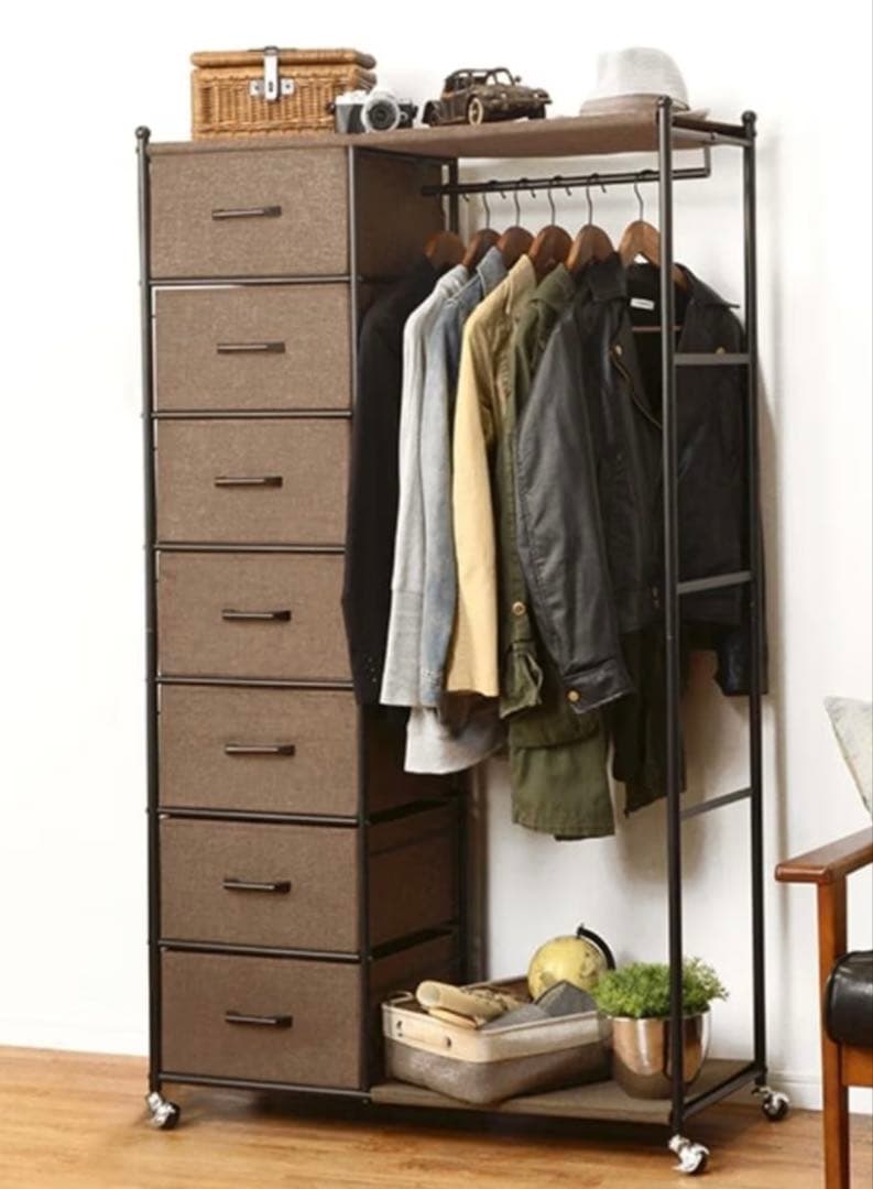 7段引き出し付きハンガーラック　収納たっぷり　キャスター付き　洋服