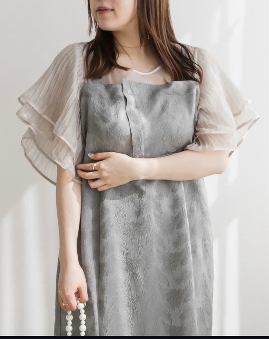 プリーツフレアスリーブレイヤード風ワンピースドレス/4L／クレット