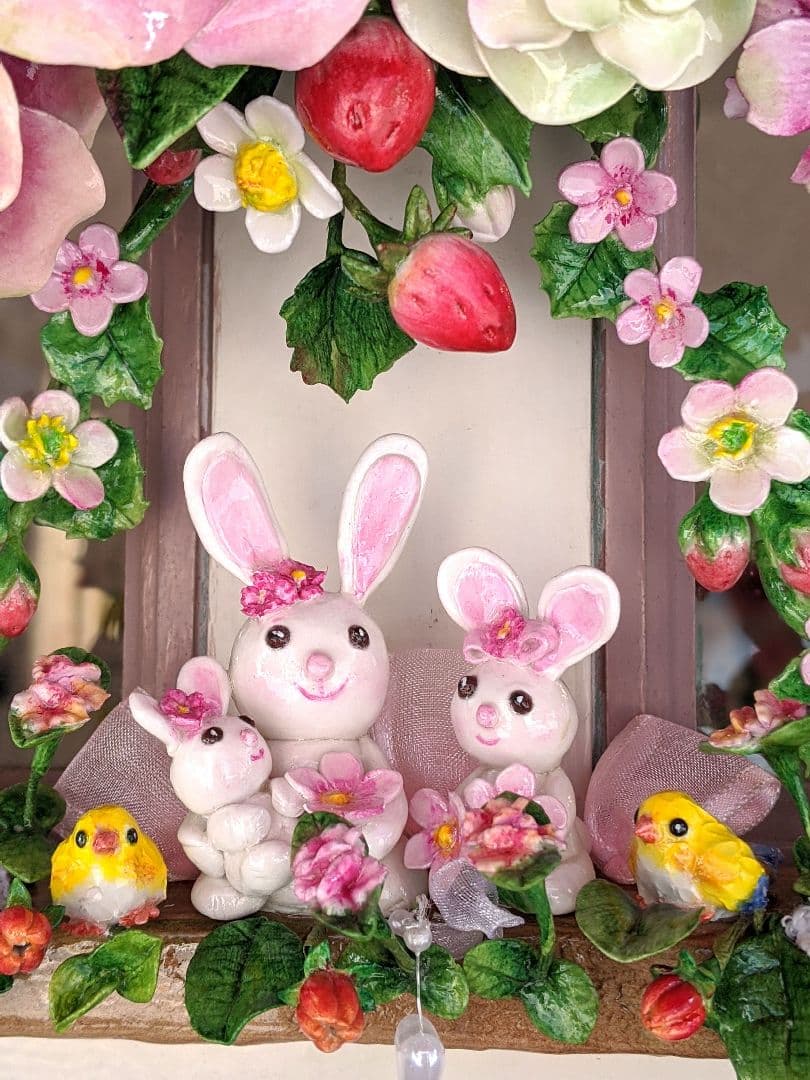【専用です】クレイフラワー♡うさぎさん親子と薔薇のリース♡ハンドメイド