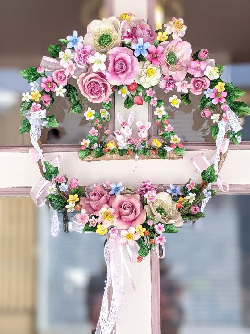 【専用です】クレイフラワー♡うさぎさん親子と薔薇のリース♡ハンドメイド