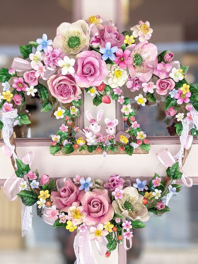 【専用です】クレイフラワー♡うさぎさん親子と薔薇のリース♡ハンドメイド
