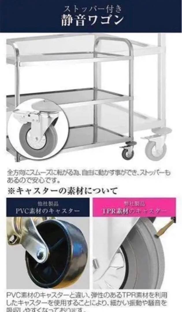 キッチンワゴン キャスター付きステンレスワゴン 3段 85cm×45cm 配膳車