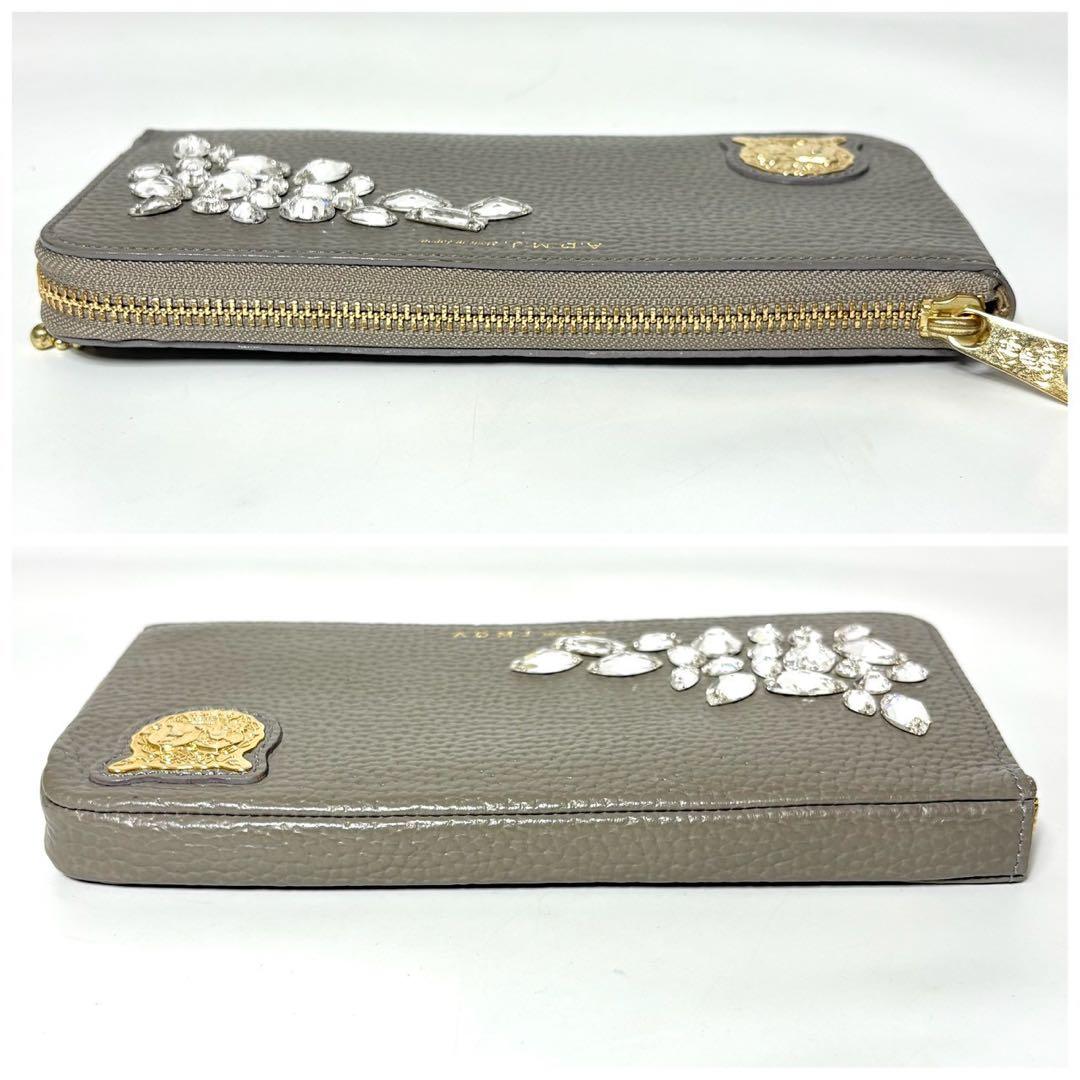 ADMJ　ビジュー　長財布　L字ファスナー　ベージュ　クリスタル.