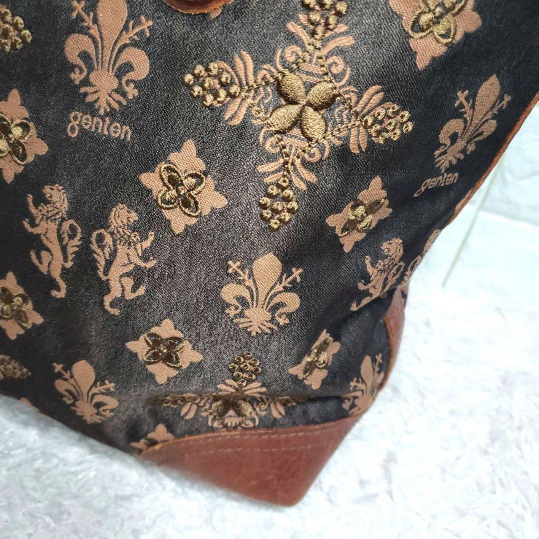 美品 genten ゲンテン ジャガード 総柄 刺繍 A4可 大容量トートバッグ