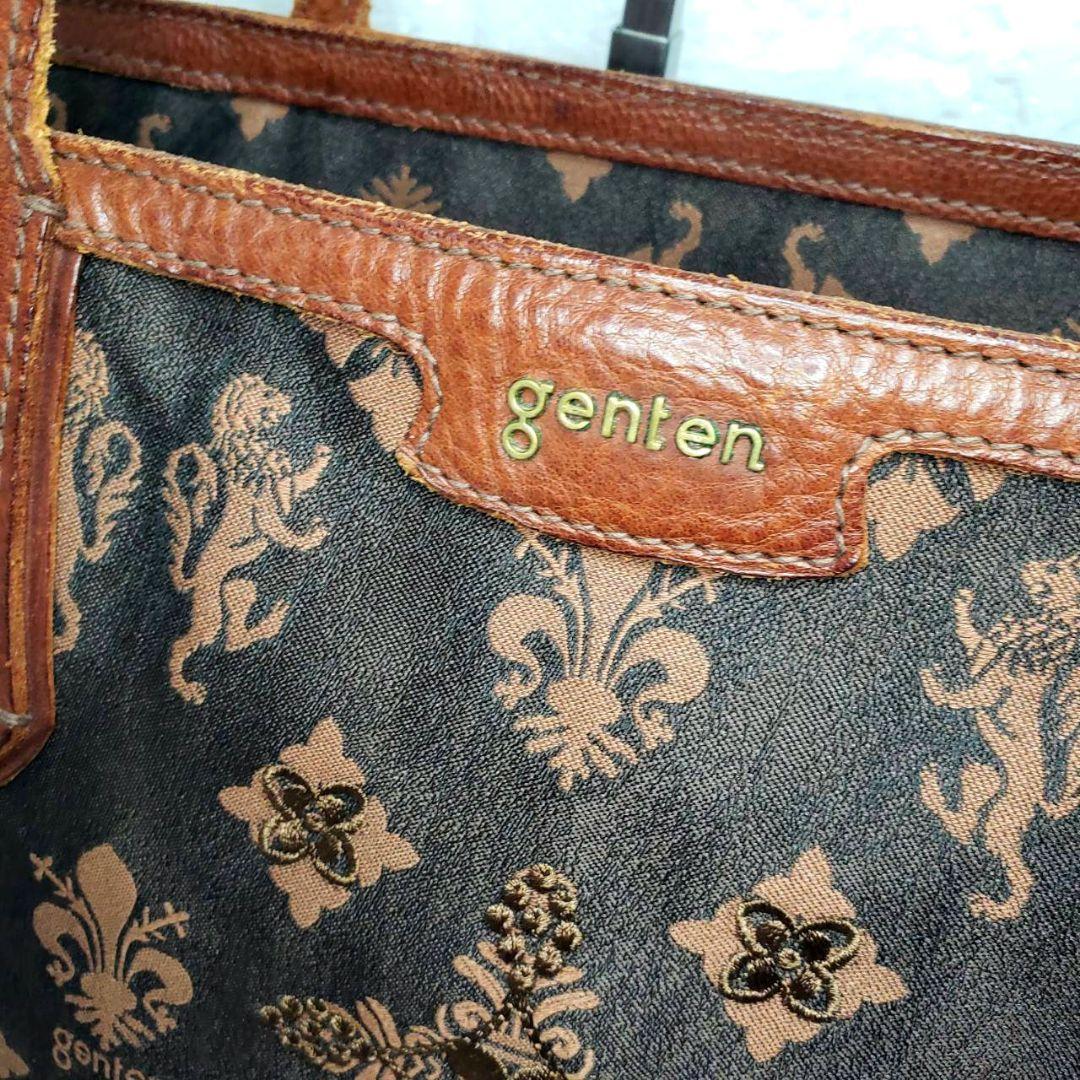 美品 genten ゲンテン ジャガード 総柄 刺繍 A4可 大容量トートバッグ
