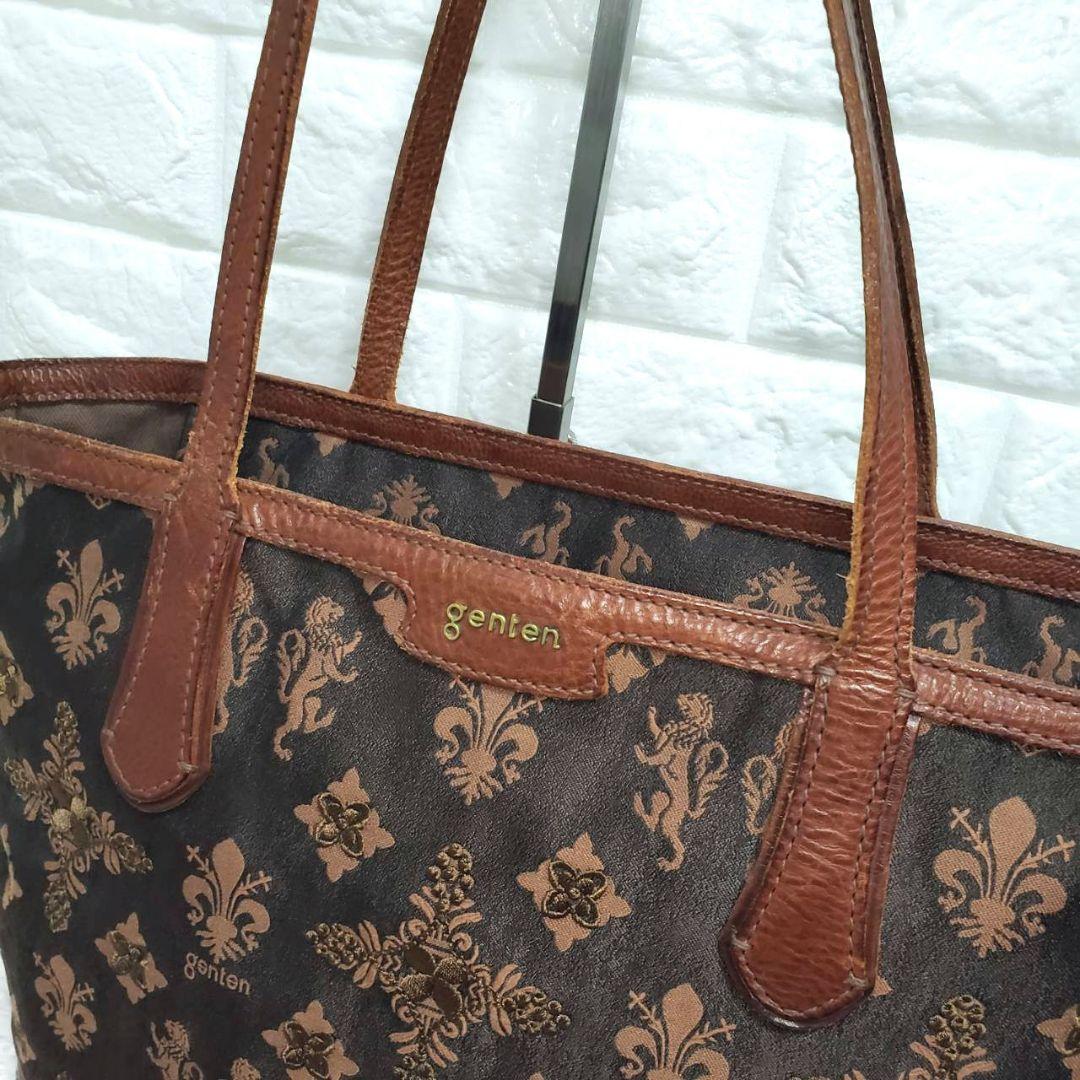 美品 genten ゲンテン ジャガード 総柄 刺繍 A4可 大容量トートバッグ