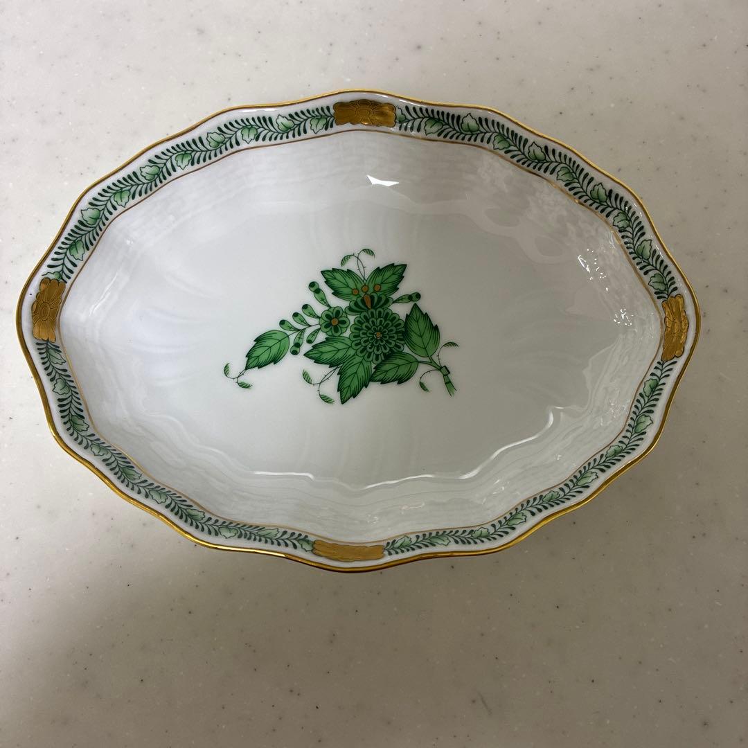 【箱付】ヘレンド　アポニーグリーン　オーバルディッシュ2枚