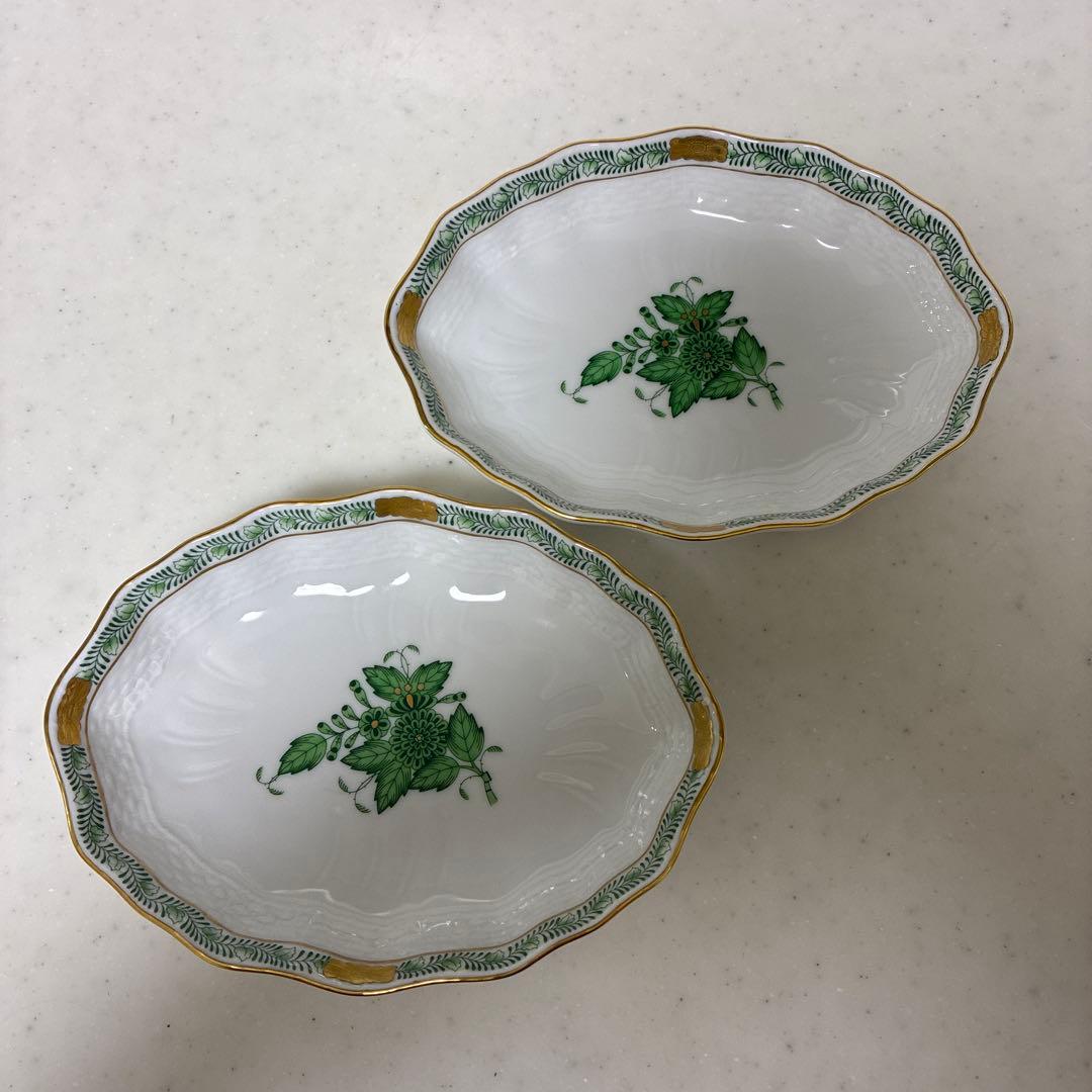 【箱付】ヘレンド　アポニーグリーン　オーバルディッシュ2枚