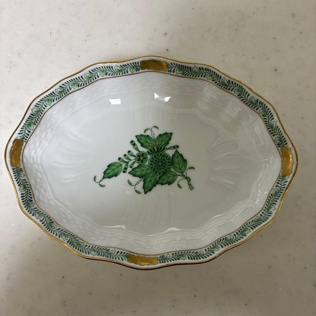 【箱付】ヘレンド　アポニーグリーン　オーバルディッシュ2枚