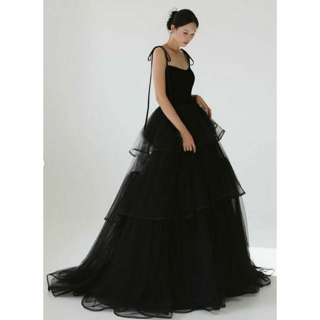 ブラックキャミソールティアードチュールドレス／結婚式／前撮り／カラードレス